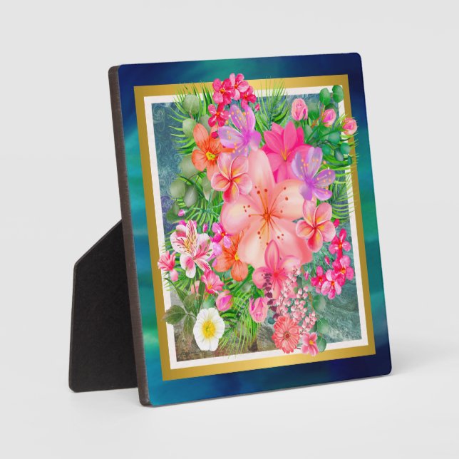 Luxury Colorful Flowers Pink, Green, Purple, Gold Plaque (Front)