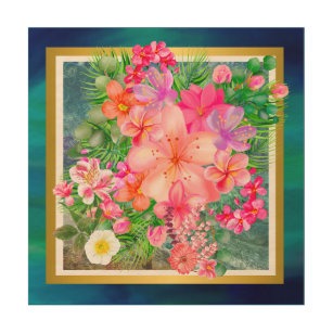 Luxury Colorful Flowers Pink, Green, Purple, Gold Wood Wall Art