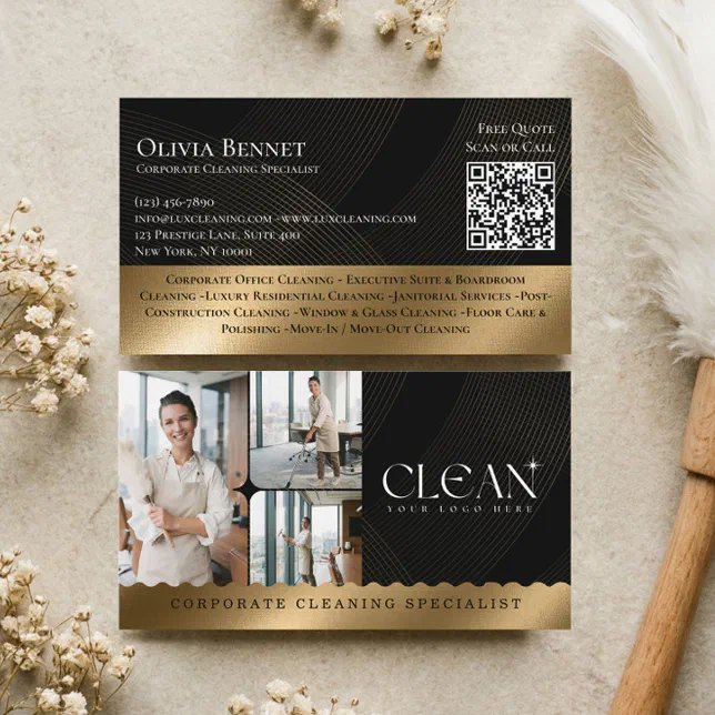 Luxury Commercial Cleaning QR Code Black Gold Business Card | Zazzle