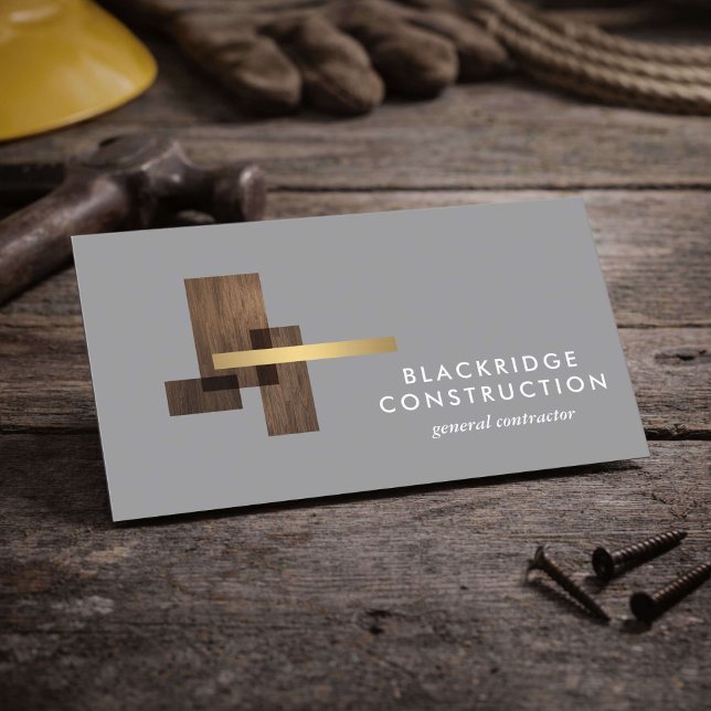Luxury Contractor Construction Wood Logo Gray Business Card (Creator Uploaded)