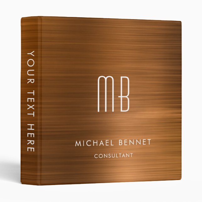 Luxury Copper Brown Metallic Monogram Business 3 Ring Binder (Front/Spine)