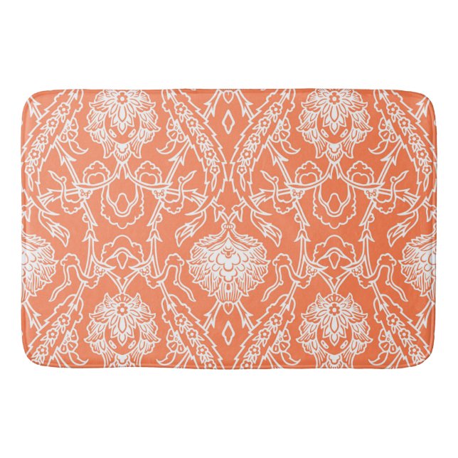 Luxury Coral and White Damask Pattern Decorative Bath Mat (Front)
