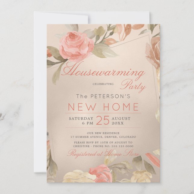 Luxury Coral Gold Foil Floral Housewarming Party Invitation (Front)