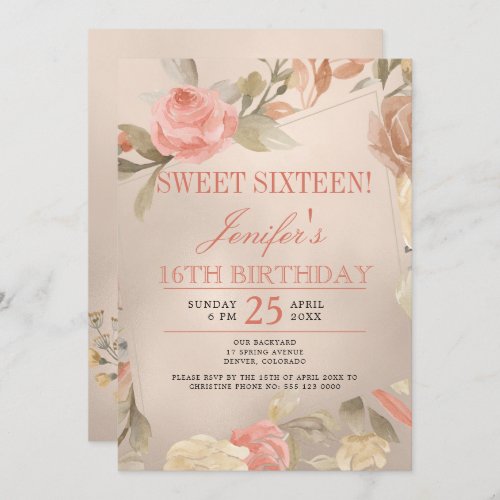 Luxury Coral Gold Peach Floral PHOTO Sweet Sixteen Invitation