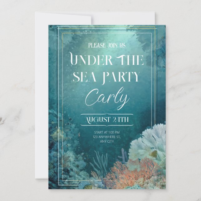 Luxury Coral Reef Gold Frame Under The Sea Invitation (Front)