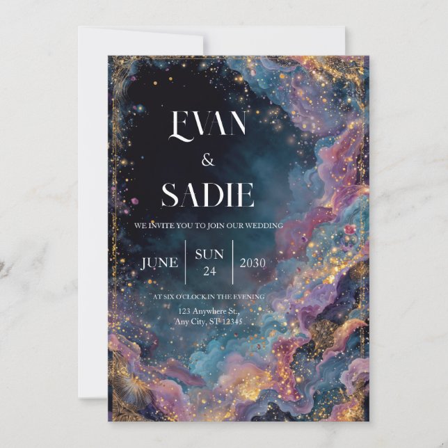 Luxury Cosmic Cloudscape Gold Glitter Wedding Invitation (Front)