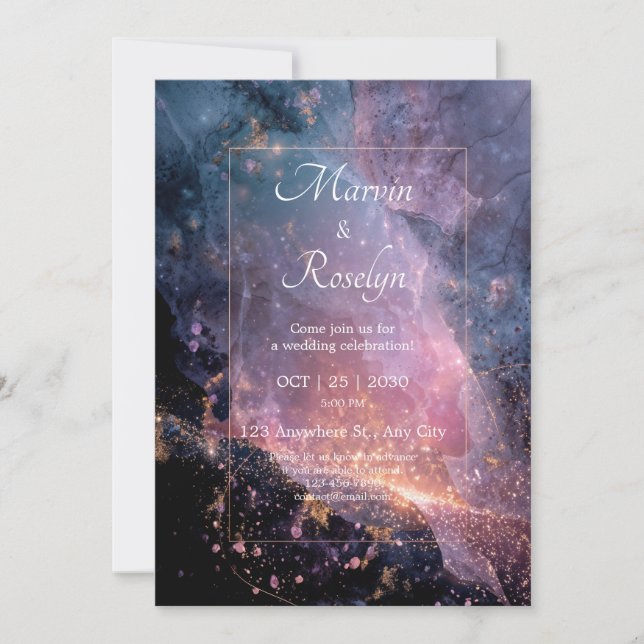 Luxury Cosmic Sunset Nebula Gold Frame Wedding Invitation (Front)