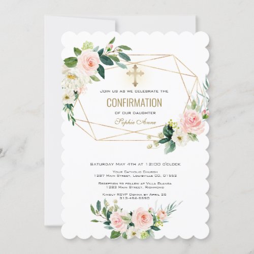 Luxury Cream Blush Floral Gold Cross Confirmation Invitation