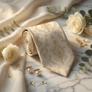 Luxury Cream Ivory and Antique Gold Baroque Damask Neck Tie