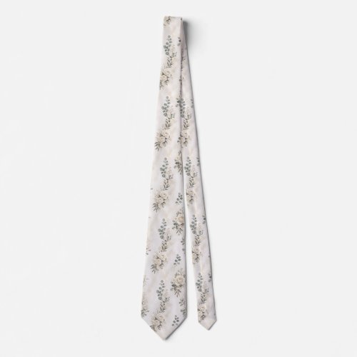 Luxury Cream Rose and Eucalyptus Botanical Wedding Neck Tie
