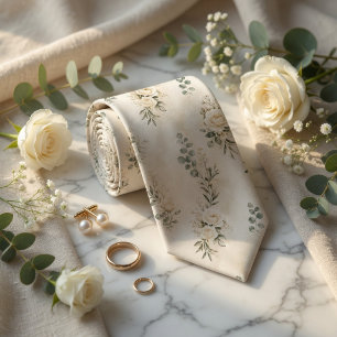 Luxury Cream Rose and Eucalyptus Botanical Wedding Neck Tie
