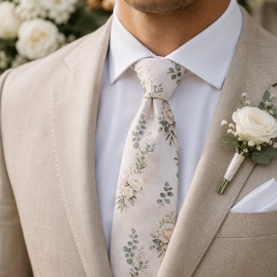 Luxury Cream Rose and Eucalyptus Botanical Wedding Neck Tie