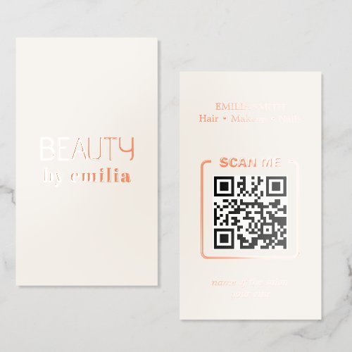 Luxury Cream Rose Gold Foil Beauty QR Code Business Cards