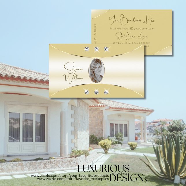Luxury Cream with Gold Decor Diamonds and Photo Business Card (Creator Uploaded)