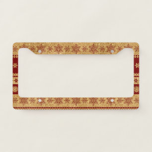 Luxury Crimson Gold Glitter Snowflake Holiday License Plate Frame