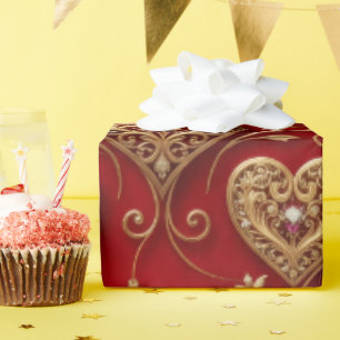 Luxury Crimson Red and Gold Filigree Jeweled Heart Wrapping Paper