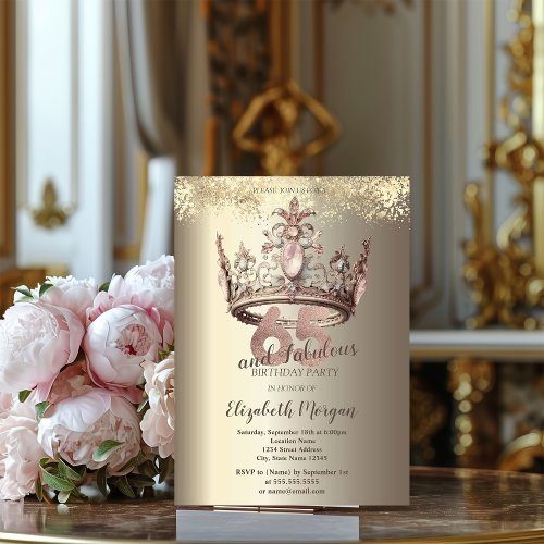 Luxury Crown Gold Confetti 65th Birthday Invitation