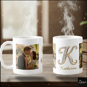 Luxury Cursive Gold White Initial K + 2 PHOTO Coffee Mug