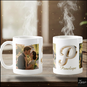 Luxury Cursive Gold White Initial P + 2 PHOTO Coffee Mug