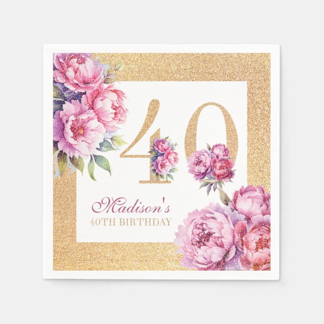 Luxury Custom 40th Birthday Pink Gold Glitter Napkins (Front)