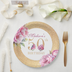 Luxury Custom 50th Birthday Peonies Gold Glitter Paper Plates