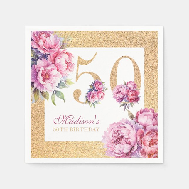 Luxury Custom 50th Birthday Pink Gold Glitter Napkins (Front)