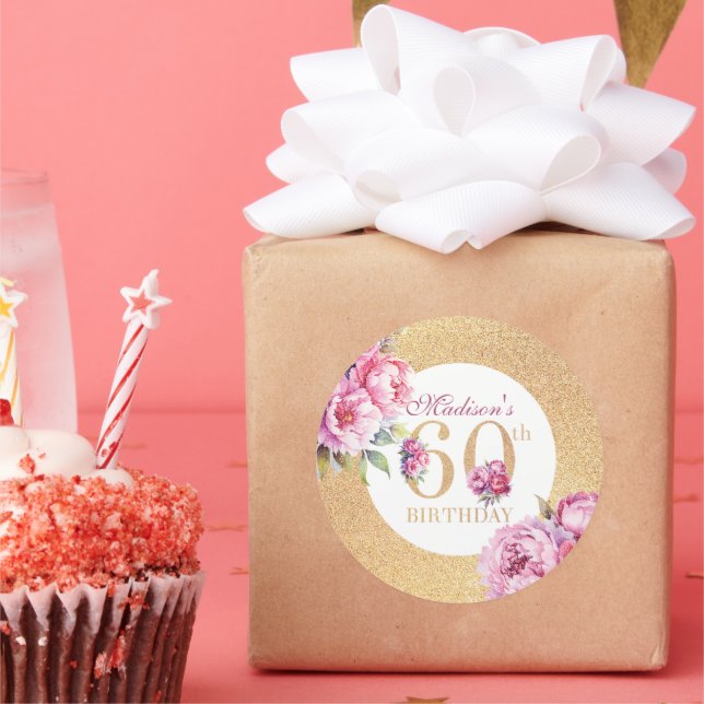 Luxury Custom 60th Birthday Peonies Gold Glitter  Classic Round Sticker (Party)