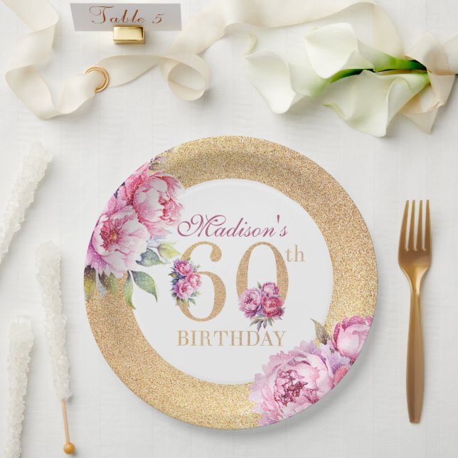 Luxury Custom 60th Birthday Peonies Gold Glitter  Paper Plates (Wedding)