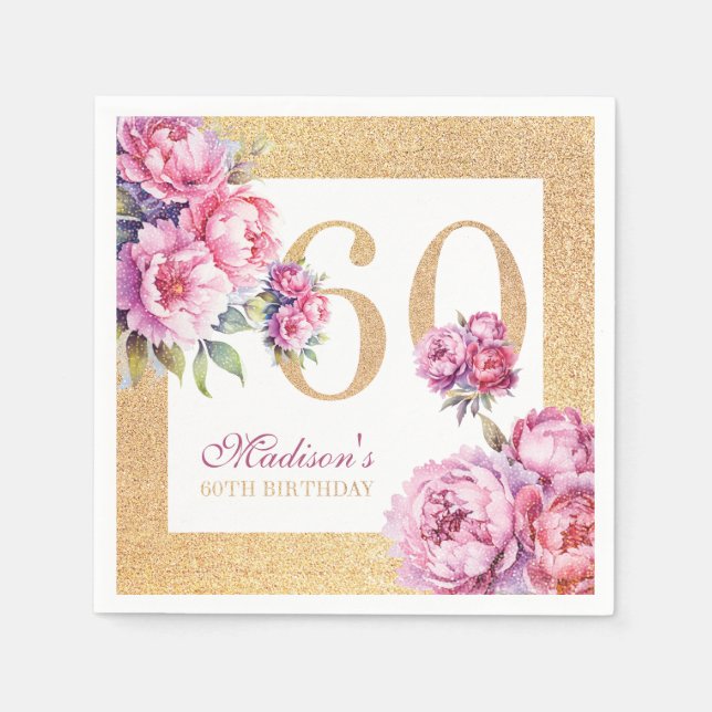 Luxury Custom 60th Birthday Pink Gold Glitter Napkins (Front)