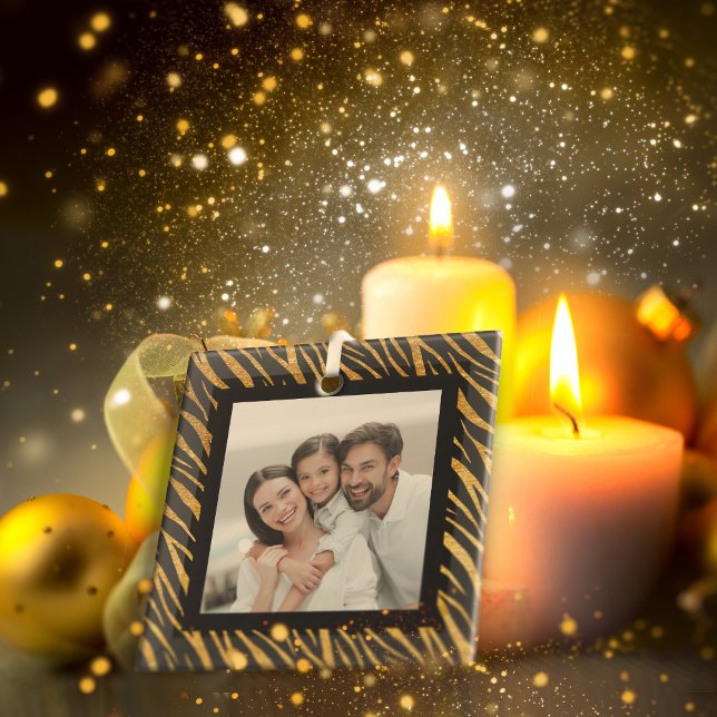 Luxury Custom Photo Black And Gold Zebra Christmas Glass Ornament (Creator Uploaded)