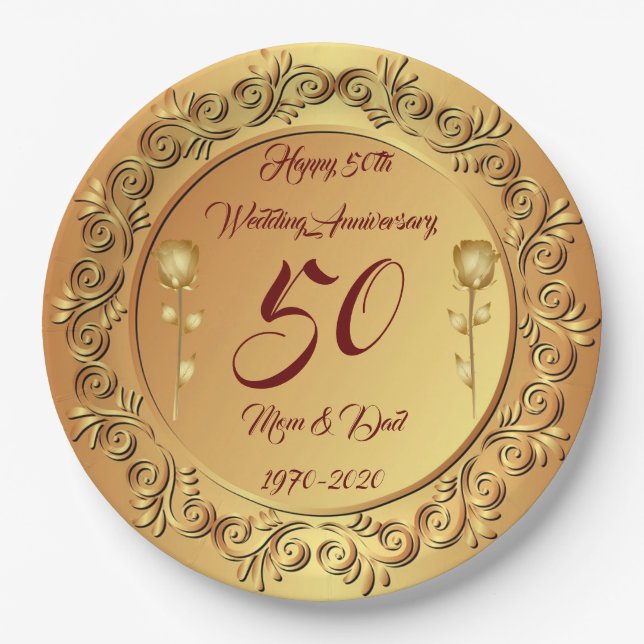 Luxury Customize  Happy Gold 50th Anniversary Paper Plates (Front)