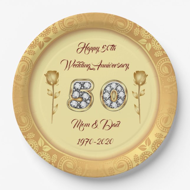 Luxury Customize  Happy Gold 50th Anniversary Paper Plates (Front)