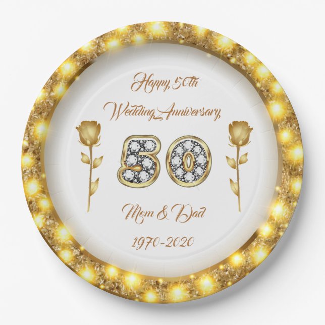 Luxury Customize  Happy Gold 50th Anniversary Paper Plates (Front)