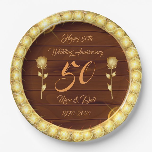 Luxury Customize  Happy Gold 50th Anniversary Paper Plates (Front)