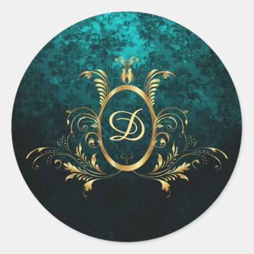 Luxury Damask gold Frame monogram Classic Round Sticker