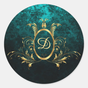 Luxury Damask gold Frame monogram Classic Round Sticker