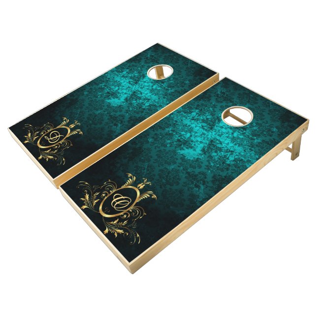 Luxury Damask gold Frame monogram Cornhole Set (Angled)