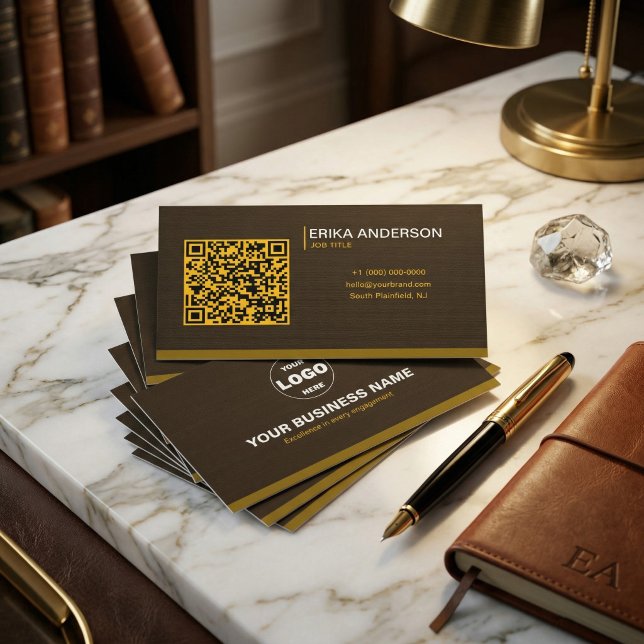 Luxury Dark Brown Textured QR Code Minimal Gold  Business Card (Luxury Dark Brown Textured QR Code Minimal Gold Business Card)