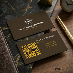 Luxury Dark Brown Textured QR Code Minimal Gold  Business Card