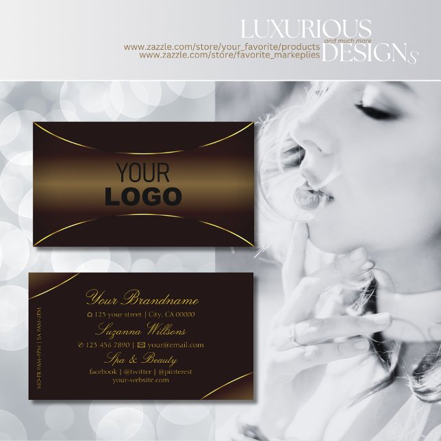 Luxury Dark Brown with Gold Border and Logo Modern Business Card (Creator Uploaded)