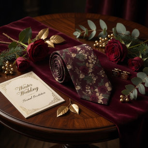 Luxury Dark Burgundy Rose Winter Botanical Floral Neck Tie