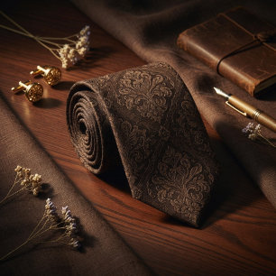 Luxury Dark Espresso Brown Baroque Damask Neck Tie