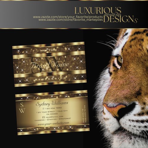 Luxury Dark Golden Glitter Luminous Stars Monogram Business Card