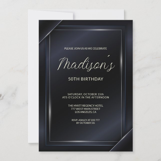 Luxury Dark Gray Background Silver Lines Birthday Invitation (Front)