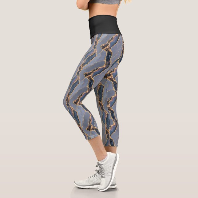 Luxury Dark Gray Marble Texture with Gold Veins Capri Leggings (Left)