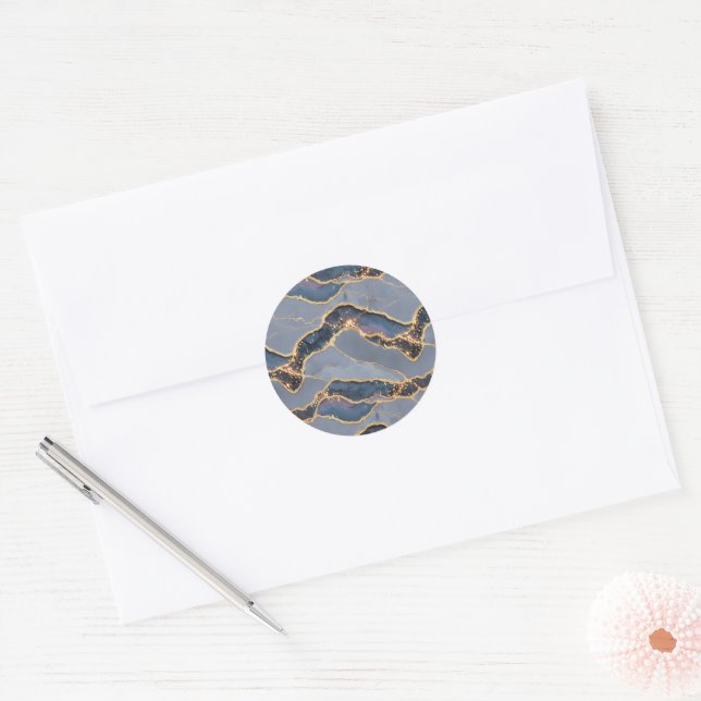 Luxury Dark Gray Marble Texture with Gold Veins Classic Round Sticker (Envelope)