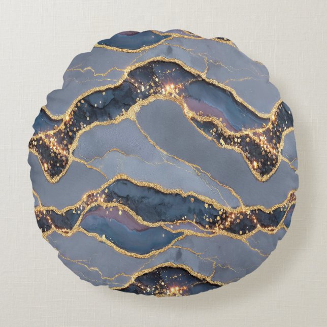 Luxury Dark Gray Marble Texture with Gold Veins Round Pillow (Front)