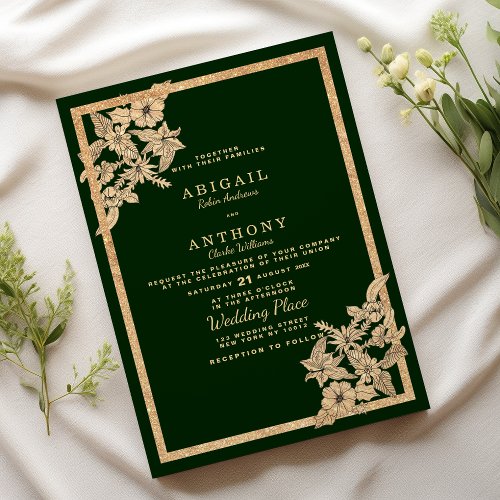 Luxury dark green gold glitter floral Wedding Invitation