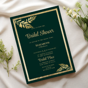 Luxury dark green golden leaf frame Bridal Shower Invitation