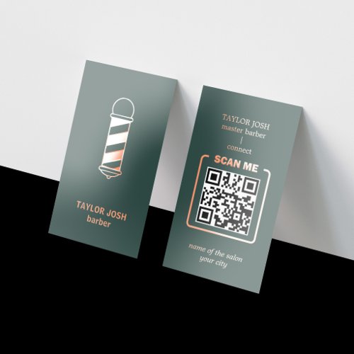 Luxury Dark Green Rose Gold Foil Barber QR Code Business Cards